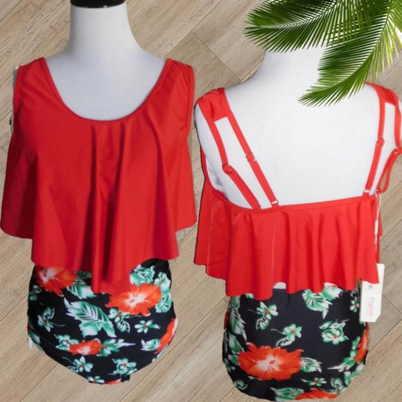 FItGLAM RED RUFFLE TWO PIECE SWIMSUIT - Picture 2 of 2